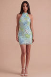 Sparkly Mint Green Floral Sequin Halter Bodycon Short Cocktail Dress