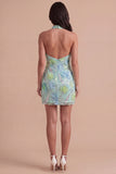 Sparkly Mint Green Floral Sequin Halter Bodycon Short Cocktail Dress