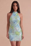 Sparkly Mint Green Floral Sequin Halter Bodycon Short Cocktail Dress