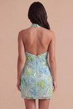 Sparkly Mint Green Floral Sequin Halter Bodycon Short Cocktail Dress