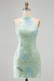 Sparkly Mint Green Floral Sequin Halter Bodycon Short Cocktail Dress