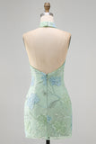 Sparkly Mint Green Floral Sequin Halter Bodycon Short Cocktail Dress