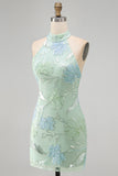 Sparkly Mint Green Floral Sequin Halter Bodycon Short Cocktail Dress