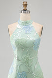 Sparkly Mint Green Floral Sequin Halter Bodycon Short Cocktail Dress