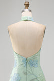 Sparkly Mint Green Floral Sequin Halter Bodycon Short Cocktail Dress