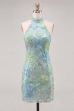 Sparkly Mint Green Floral Sequin Halter Bodycon Short Cocktail Dress
