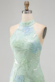 Sparkly Mint Green Floral Sequin Halter Bodycon Short Cocktail Dress