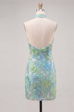 Sparkly Mint Green Floral Sequin Halter Bodycon Short Cocktail Dress