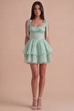 Sparkly Light Green Beaded Ruffled Square Neck A Line Short Cocktail Dress