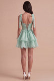 Sparkly Light Green Beaded Ruffled Square Neck A Line Short Cocktail Dress