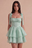 Sparkly Light Green Beaded Ruffled Square Neck A Line Short Cocktail Dress