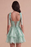 Sparkly Light Green Beaded Ruffled Square Neck A Line Short Cocktail Dress