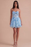 Light Blue Floral Corset Strapless A Line Short Cocktail Dress with Bow