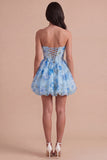 Light Blue Floral Corset Strapless A Line Short Cocktail Dress with Bow