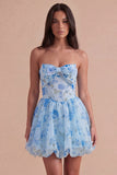 Light Blue Floral Corset Strapless A Line Short Cocktail Dress with Bow