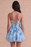 Light Blue Floral Corset Strapless A Line Short Cocktail Dress with Bow