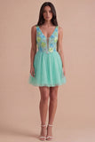 Sparkly Mint Green Floral V-Neck A Line Short Cocktail Dress