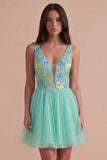 Sparkly Mint Green Floral V-Neck A Line Short Cocktail Dress