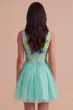 Sparkly Mint Green Floral V-Neck A Line Short Cocktail Dress
