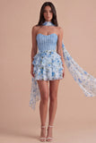 Sparkly Light Blue Corset Floral Neck Scarf A Line Short Cocktail Dress