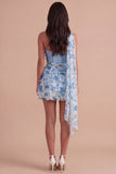 Sparkly Light Blue Corset Floral Neck Scarf A Line Short Cocktail Dress