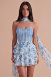 Sparkly Light Blue Corset Floral Neck Scarf A Line Short Cocktail Dress