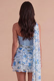 Sparkly Light Blue Corset Floral Neck Scarf A Line Short Cocktail Dress