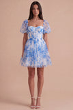 Blue Corset Floral Square Neck A Line Short Cocktail Dress