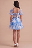 Blue Corset Floral Square Neck A Line Short Cocktail Dress