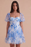 Blue Corset Floral Square Neck A Line Short Cocktail Dress