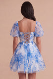Blue Corset Floral Square Neck A Line Short Cocktail Dress