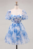 Blue Corset Floral Square Neck A Line Short Cocktail Dress