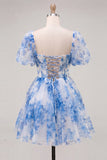 Blue Corset Floral Square Neck A Line Short Cocktail Dress