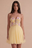 Yellow Floral Strapless Short Cocktail Dress