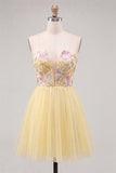 Yellow Floral Strapless Short Cocktail Dress