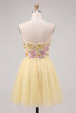 Yellow Floral Strapless Short Cocktail Dress