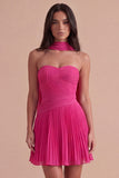 Fuchsia Neck Scarf Pleated Short Cocktail Dress