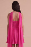 Fuchsia Neck Scarf Pleated Short Cocktail Dress