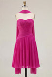 Fuchsia Neck Scarf Pleated Short Cocktail Dress