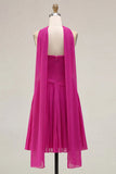 Fuchsia Neck Scarf Pleated Short Cocktail Dress