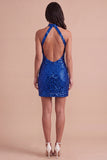 Sparkly Royal Blue Sequin Halter Short Cocktail Dress