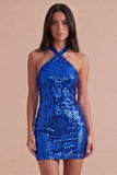 Sparkly Royal Blue Sequin Halter Short Cocktail Dress