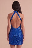 Sparkly Royal Blue Sequin Halter Short Cocktail Dress