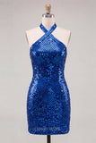 Sparkly Royal Blue Sequin Halter Short Cocktail Dress