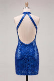 Sparkly Royal Blue Sequin Halter Short Cocktail Dress