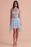 Ligth Blue 2 Piece Sparkly Floral Corset Sequin Short Cocktail Dress
