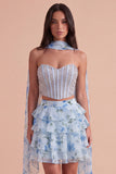 Ligth Blue 2 Piece Sparkly Floral Corset Sequin Short Cocktail Dress