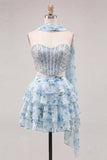 Ligth Blue 2 Piece Sparkly Floral Corset Sequin Short Cocktail Dress