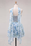 Ligth Blue 2 Piece Sparkly Floral Corset Sequin Short Cocktail Dress