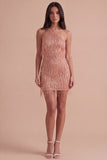 Dusty Rose Sparkly Sequin Short Cocktail Dress with Fringes